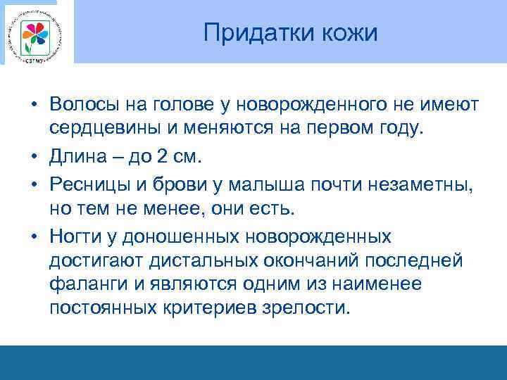 Придатки кожи • Волосы на голове у новорожденного не имеют сердцевины и меняются на