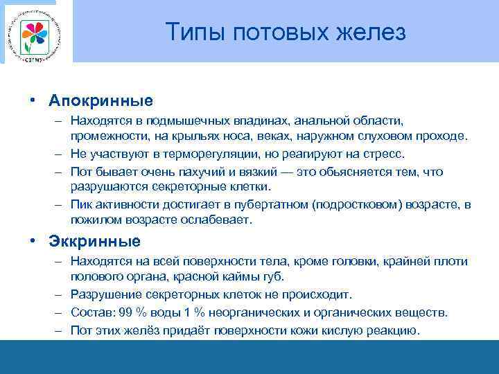 Типы потовых желез • Апокринные – Находятся в подмышечных впадинах, анальной области, промежности, на