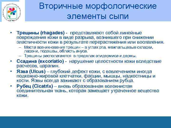 Вторичные морфологические элементы сыпи • Трещины (rhagades) представляеют собой линейные повреждения кожи в виде