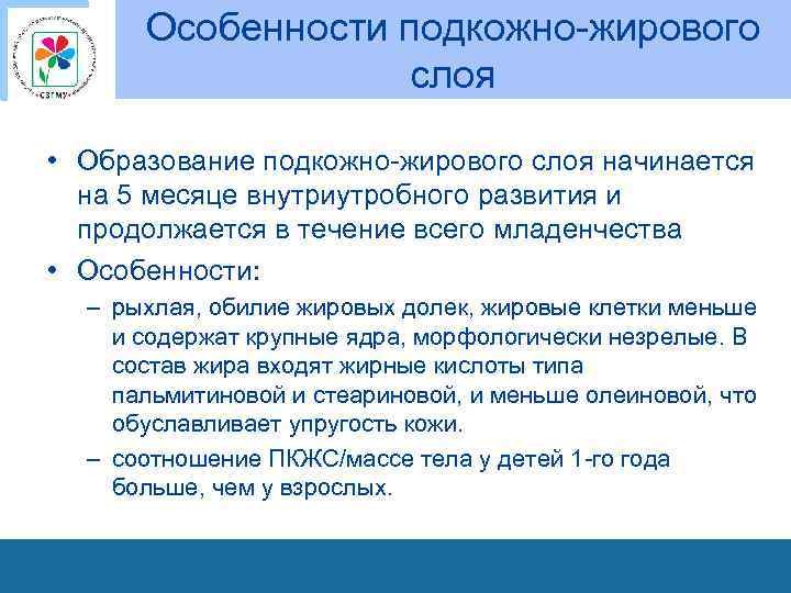 Особенности подкожно жирового слоя • Образование подкожно жирового слоя начинается на 5 месяце внутриутробного