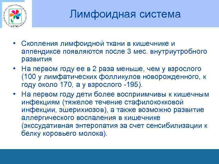 Лимфоидная система • Скопления лимфоидной ткани в кишечнике и аппендиксе появляются после 3 мес.