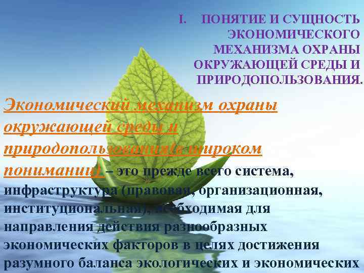I. ПОНЯТИЕ И СУЩНОСТЬ ЭКОНОМИЧЕСКОГО МЕХАНИЗМА ОХРАНЫ ОКРУЖАЮЩЕЙ СРЕДЫ И ПРИРОДОПОЛЬЗОВАНИЯ. Экономический механизм охраны