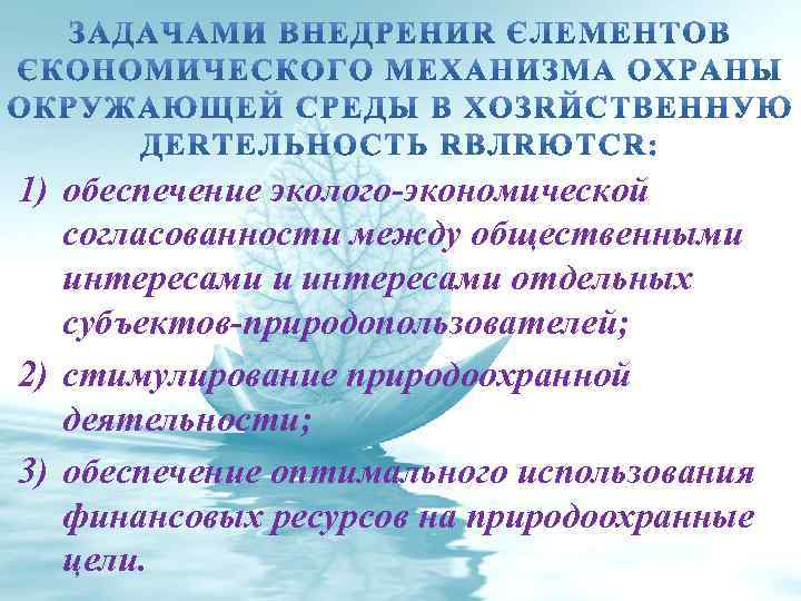 1) обеспечение эколого-экономической согласованности между общественными интересами отдельных субъектов-природопользователей; 2) стимулирование природоохранной деятельности; 3)