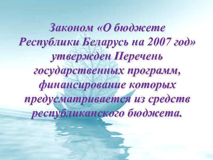Законом «О бюджете Республики Беларусь на 2007 год» утвержден Перечень государственных программ, финансирование которых