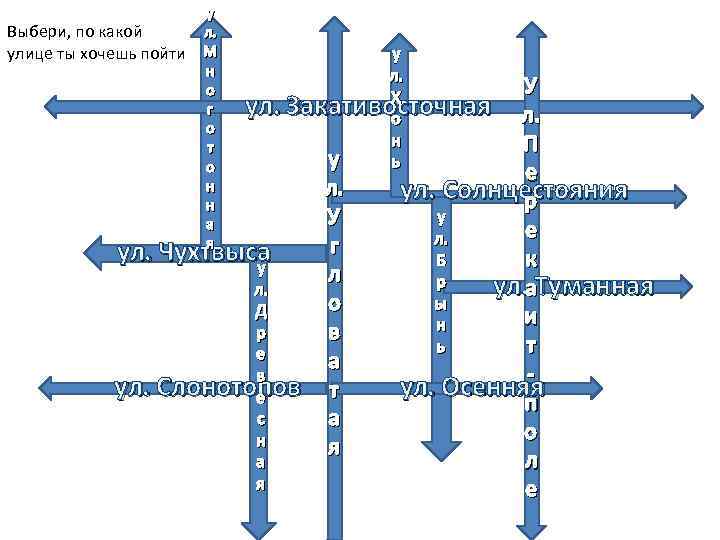 Выбери, по какой улице ты хочешь пойти у л. М н о г о