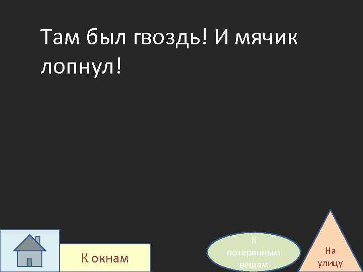 Там был гвоздь! И мячик лопнул! К окнам К потерянным вещам На улицу 