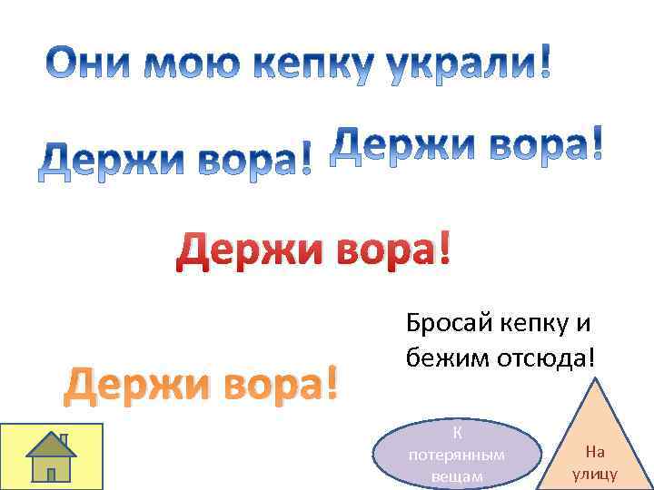 Держи вора! Бросай кепку и бежим отсюда! К потерянным вещам На улицу 