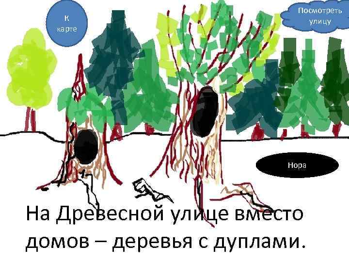 К карте Посмотреть улицу Нора На Древесной улице вместо домов – деревья с дуплами.