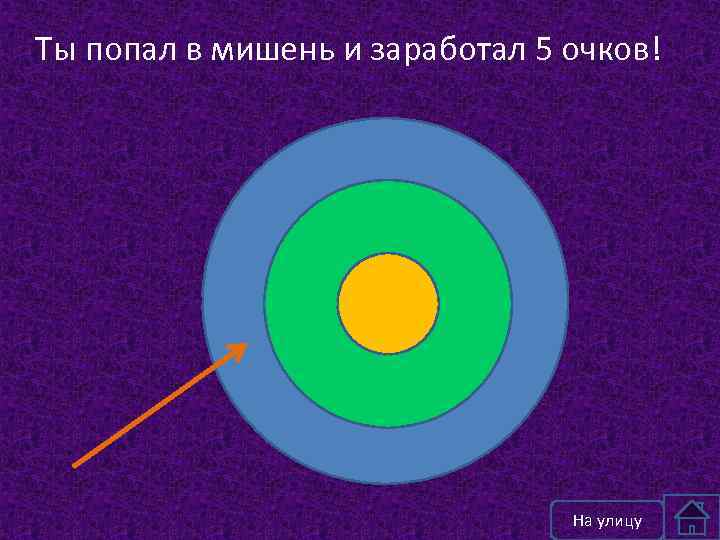 Ты попал в мишень и заработал 5 очков! На улицу 