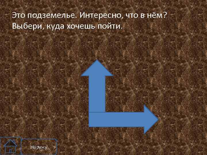 Это подземелье. Интересно, что в нём? Выбери, куда хочешь пойти. Наружу 
