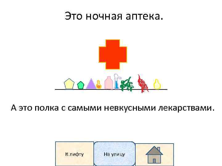 Это ночная аптека. А это полка с самыми невкусными лекарствами. К лифту На улицу