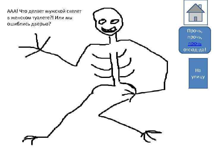 ААА! Что делает мужской скелет в женском туалете? ! Или мы ошиблись дверью? Прочь,
