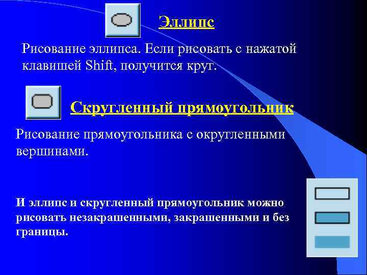 Эллипс Рисование эллипса. Если рисовать с нажатой клавишей Shift, получится круг. Скругленный прямоугольник Рисование