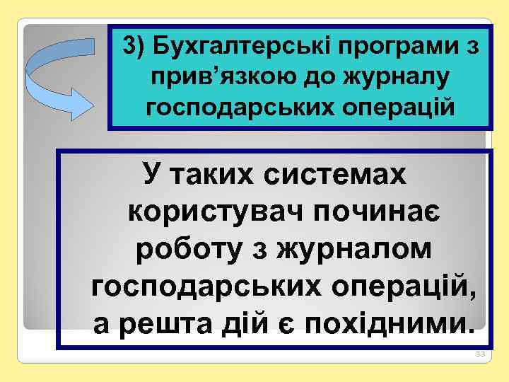 3) Бухгалтерські програми з прив’язкою до журналу господарських операцій У таких системах користувач починає