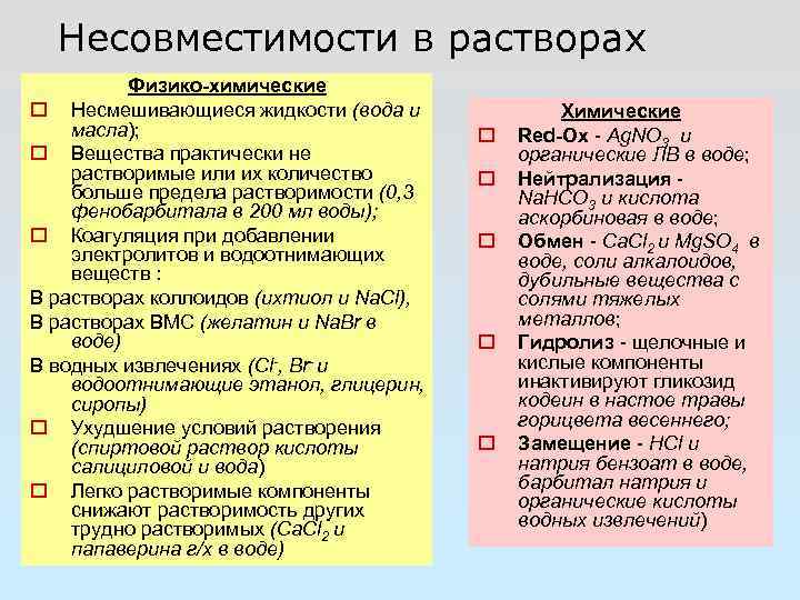 Несовместимости в растворах Физико-химические Несмешивающиеся жидкости (вода и масла); Вещества практически не растворимые или