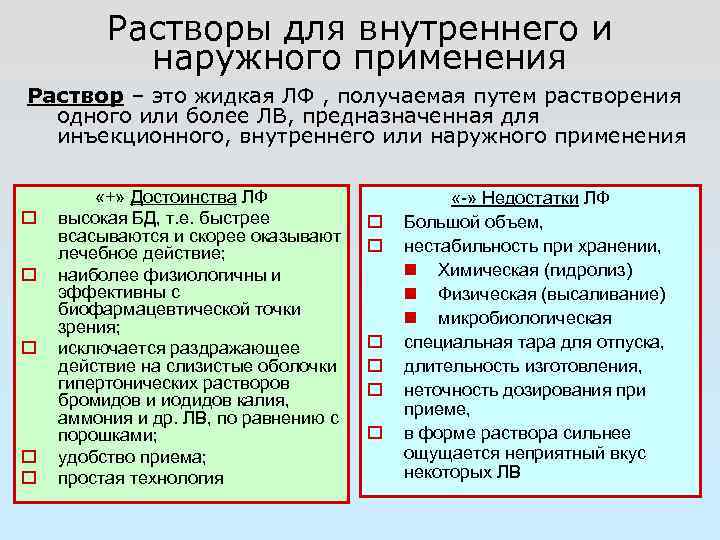 Растворы для внутреннего и наружного применения Раствор – это жидкая ЛФ , получаемая путем