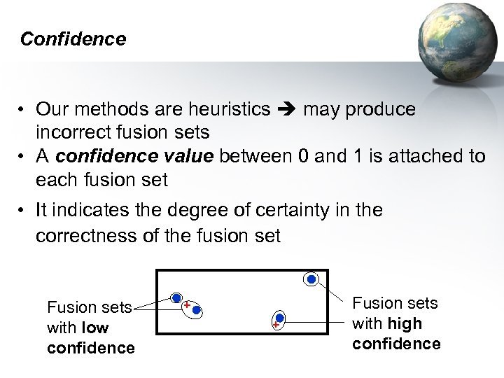 Confidence • Our methods are heuristics may produce incorrect fusion sets • A confidence