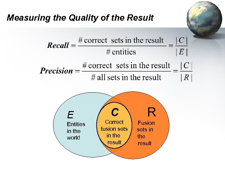 Measuring the Quality of the Result E Entities in the world C Correct fusion