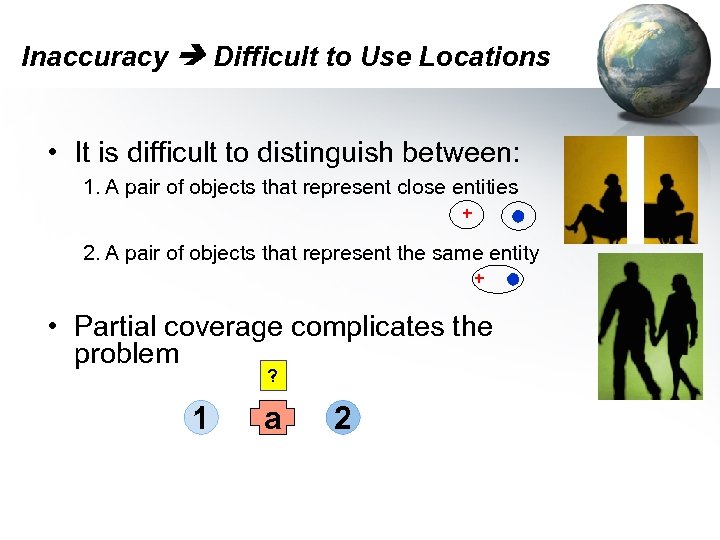 Inaccuracy Difficult to Use Locations • It is difficult to distinguish between: 1. A