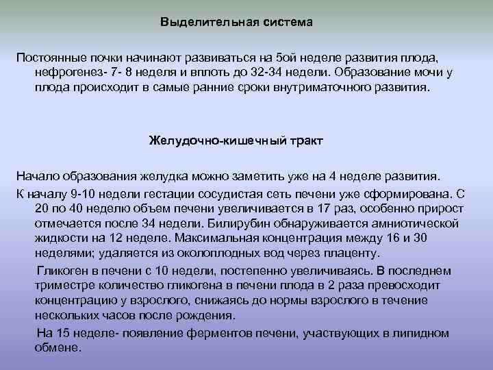  Выделительная система Постоянные почки начинают развиваться на 5 ой неделе развития плода, нефрогенез-