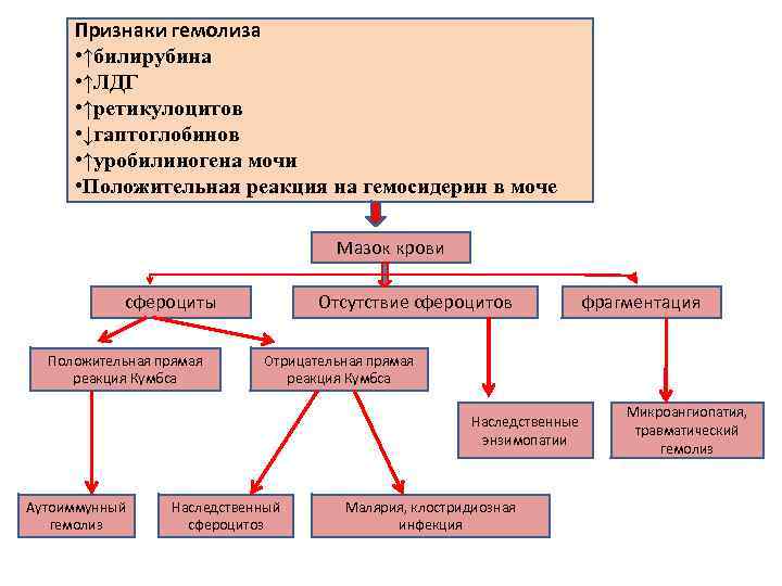 Признаки гемолиза • ↑билирубина • ↑ЛДГ • ↑ретикулоцитов • ↓гаптоглобинов • ↑уробилиногена мочи •