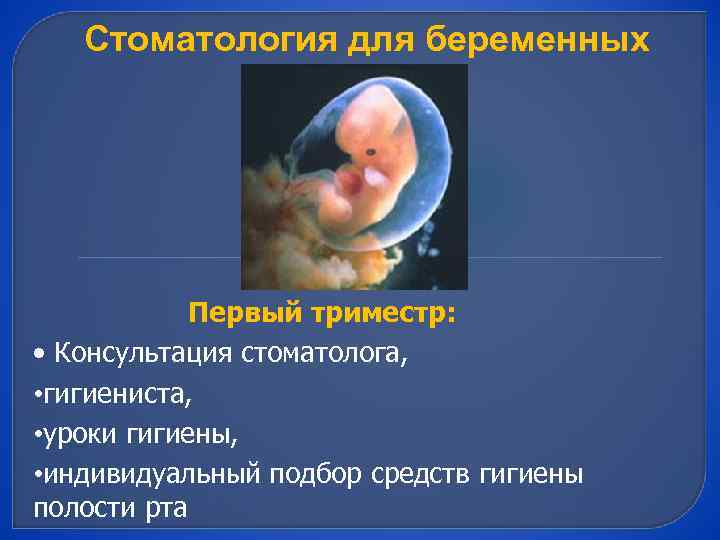 Стоматология для беременных Первый триместр: • Консультация стоматолога, • гигиениста, • уроки гигиены, •