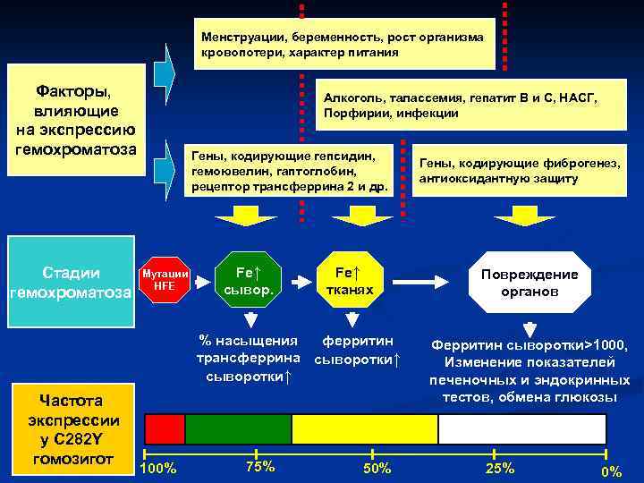Менструации, беременность, рост организма кровопотери, характер питания Факторы, влияющие на экспрессию гемохроматоза Стадии гемохроматоза