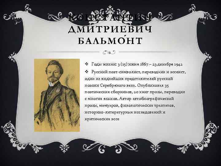 КОНСТАНТИН ДМИТРИЕВИЧ БАЛЬМО Н Т v Годы жизни: 3 (15) июня 1867 – 23