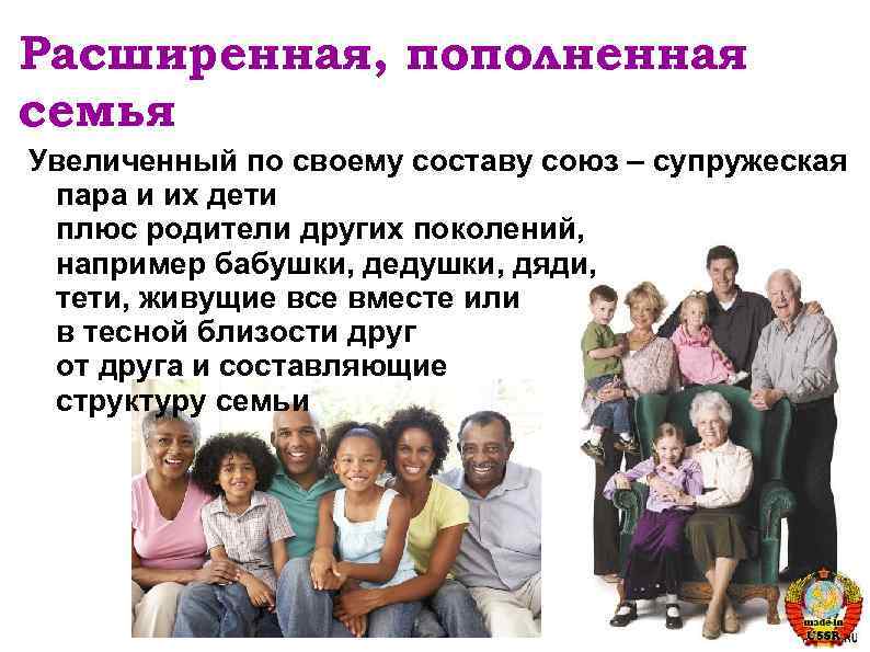 Расширенная, пополненная семья Увеличенный по своему составу союз – супружеская пара и их дети