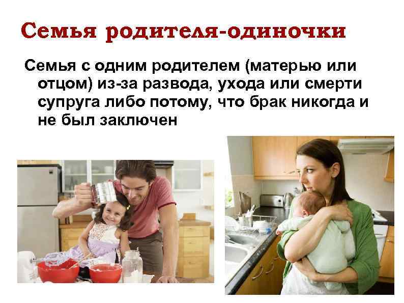Семья родителя-одиночки Семья с одним родителем (матерью или отцом) из-за развода, ухода или смерти
