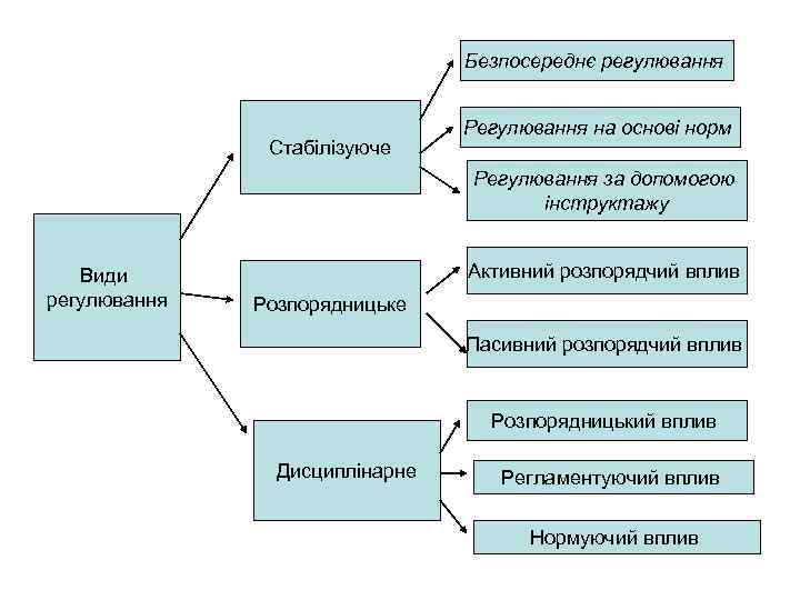 Безпосереднє регулювання Стабілізуюче Регулювання на основі норм Регулювання за допомогою інструктажу Види регулювання Активний