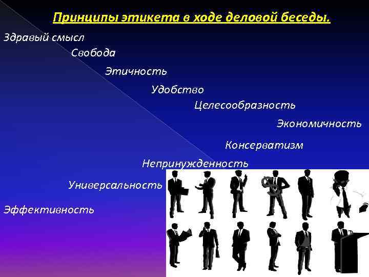 Принципы этикета в ходе деловой беседы. Здравый смысл Свобода Этичность Удобство Целесообразность Экономичность Консерватизм