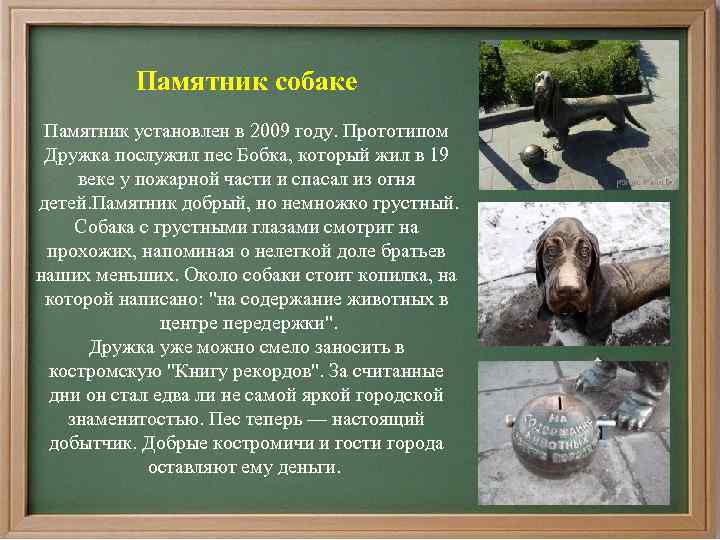 Памятник собаке Памятник установлен в 2009 году. Прототипом Дружка послужил пес Бобка, который жил