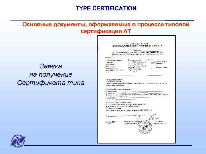 TYPE CERTIFICATION Основные документы, оформляемые в процессе типовой сертификации АТ Заявка на получение Сертификата