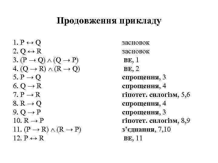 Продовження прикладу 1. P ↔ Q 2. Q ↔ R 3. (P → Q)
