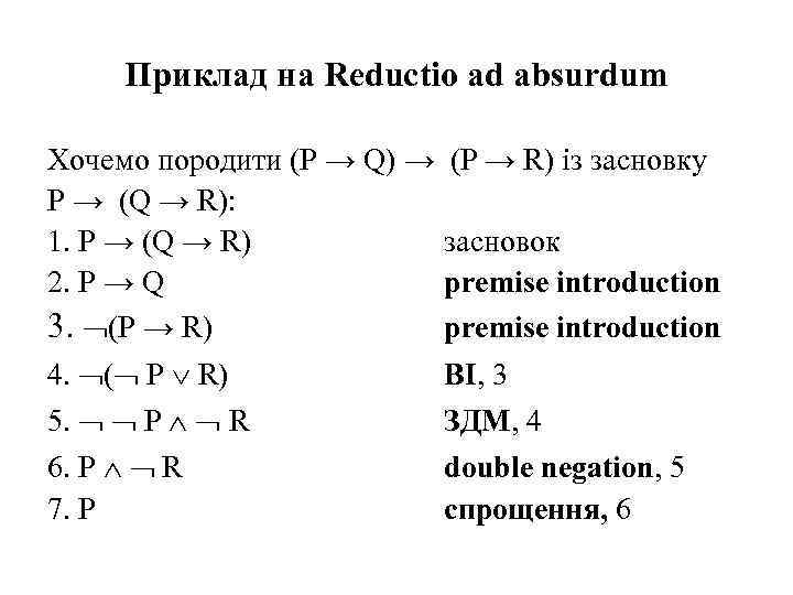 Приклад на Reductio ad absurdum Хочемо породити (P → Q) → P → (Q