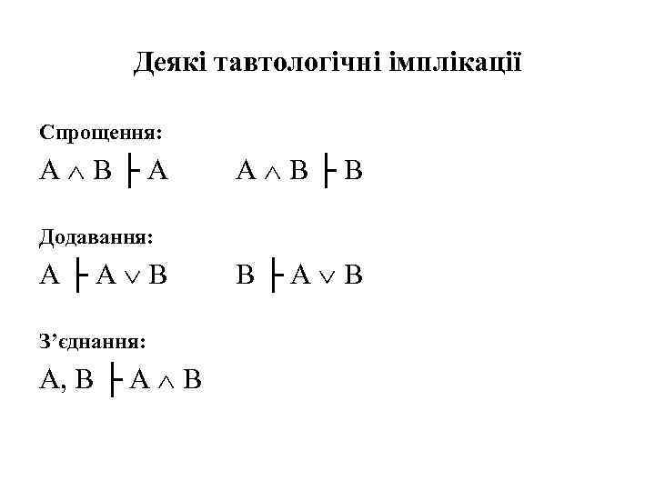 Деякі тавтологічні імплікації Спрощення: А В├А А В├В Додавання: А├А В З’єднання: А, В