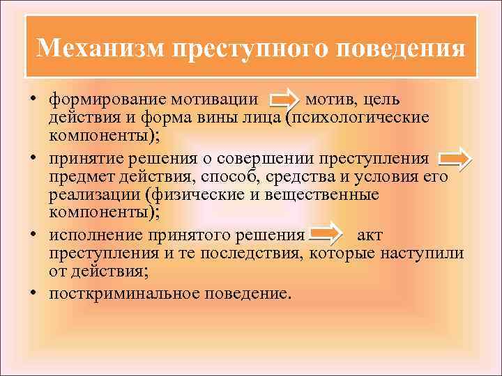 Механизм преступного поведения • формирование мотивации мотив, цель действия и форма вины лица (психологические