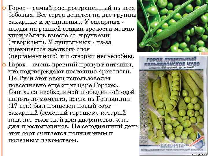  Горох – самый распространенный из всех бобовых. Все сорта делятся на две группы: