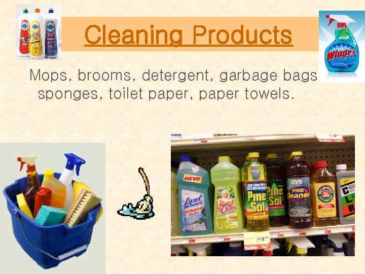 Cleaning Products Mops, brooms, detergent, garbage bags, sponges, toilet paper, paper towels. 
