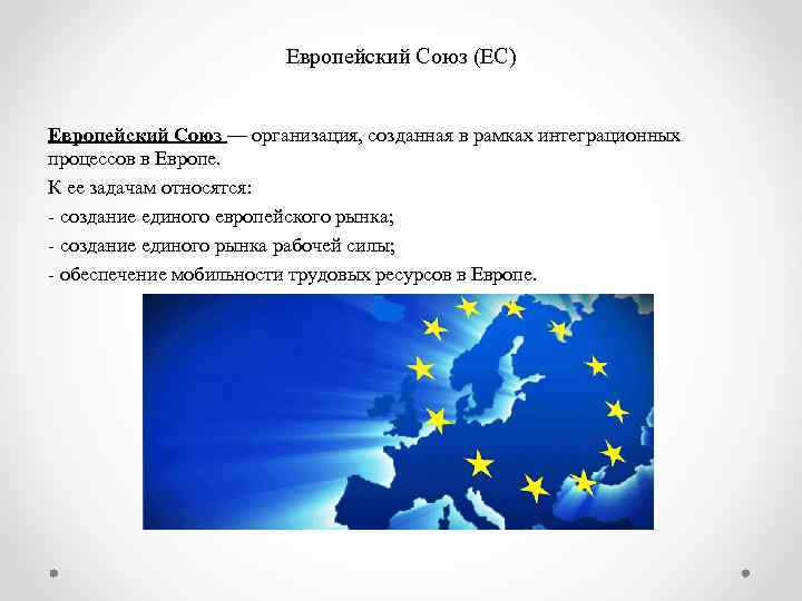 Европейский Союз (ЕС) Европейский Союз — организация, созданная в рамках интеграционных процессов в Европе.