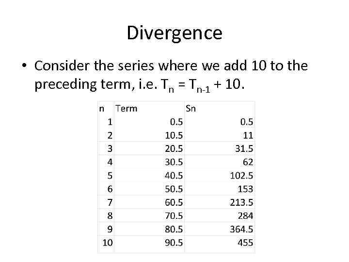 Divergence • Consider the series where we add 10 to the preceding term, i.