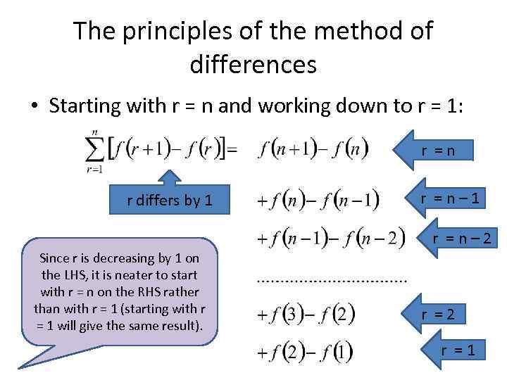 The principles of the method of differences • Starting with r = n and