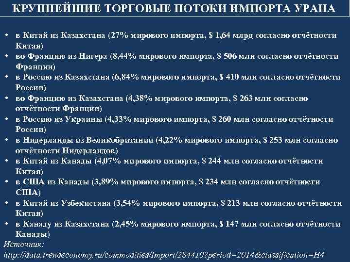 КРУПНЕЙШИЕ ТОРГОВЫЕ ПОТОКИ ИМПОРТА УРАНА • в Китай из Казахстана (27% мирового импорта, $