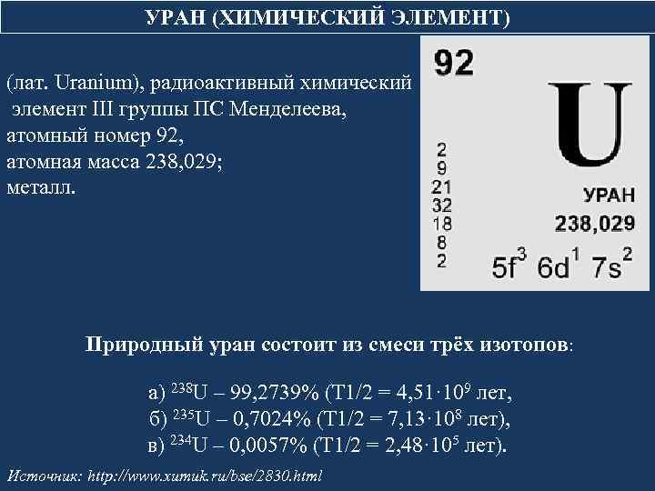 УРАН (ХИМИЧЕСКИЙ ЭЛЕМЕНТ) (лат. Uranium), радиоактивный химический элемент III группы ПС Менделеева, атомный номер