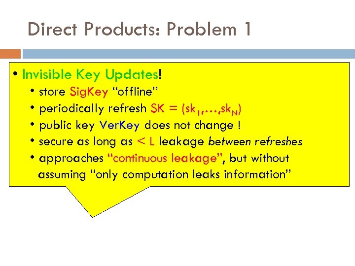 Direct Products: Problem 1 • Invisible Key Updates! • store Sig. Key “offline” •