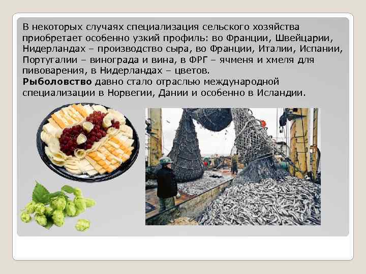 В некоторых случаях специализация сельского хозяйства приобретает особенно узкий профиль: во Франции, Швейцарии, Нидерландах