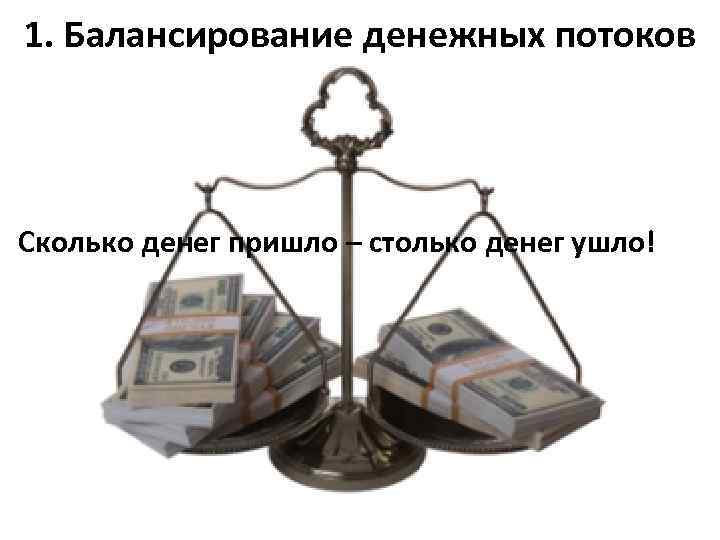 1. Балансирование денежных потоков Сколько денег пришло – столько денег ушло! 