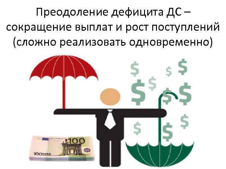 Преодоление дефицита ДС – сокращение выплат и рост поступлений (сложно реализовать одновременно) 