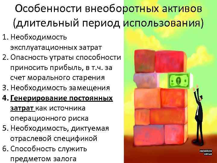 Особенности внеоборотных активов (длительный период использования) 1. Необходимость эксплуатационных затрат 2. Опасность утраты способности